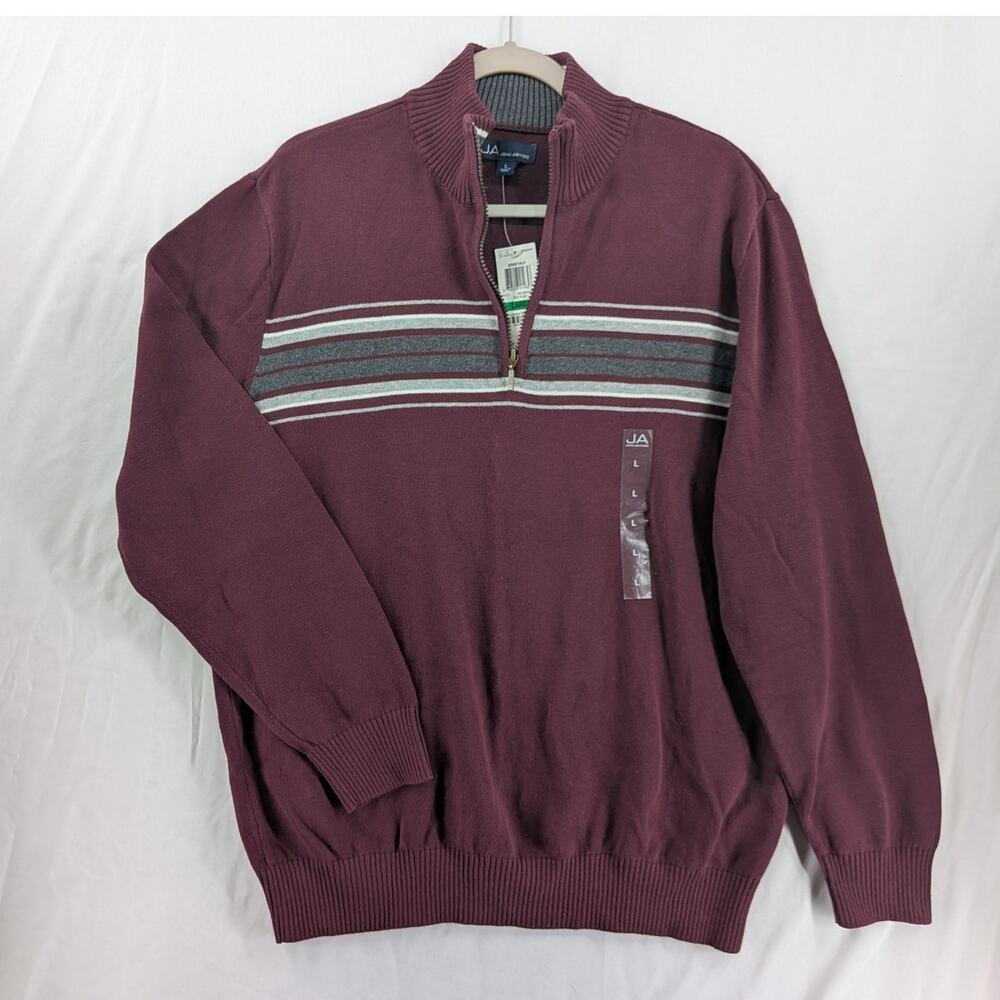 John Ashford Men's 1/4 Zip Sweater Striped Red Gray Large High Neck Long Sleeve - Picture 8 of 8